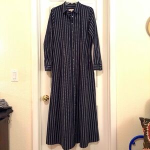LOFT Navy Stretch Cotton Maxi Dress Size 12, Light gray pinstripe, POCKETS! NWOT